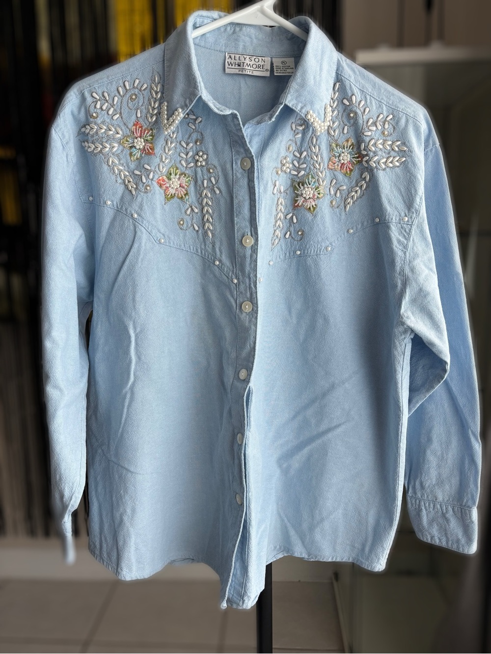 Allyson Whitmore Pale Blue Embroidered Western Shirt Vintage Sz L